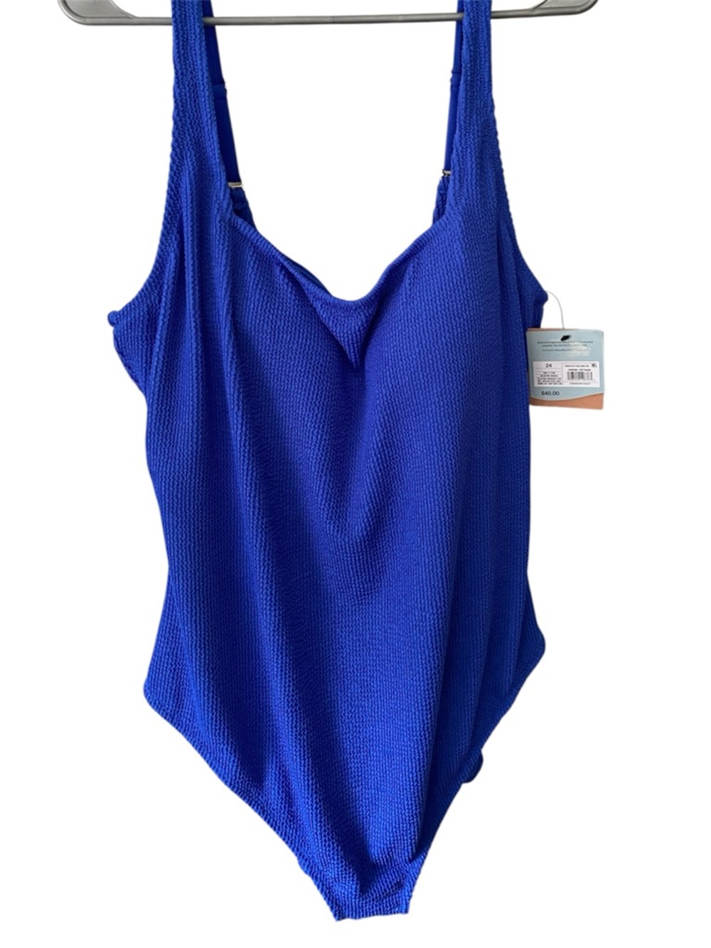 Sand & Shore Blue Textured One‑Piece Swimsuit – V‑Neck – NWT – Size 24